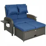 Patio Rattan Daybed, Wicker Outdoor Daybed with Storage Ottoman, Loveseat w/ Adjustable Backrest, Side Tables, Navy Blue - Image 11