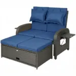 Patio Rattan Daybed, Wicker Outdoor Daybed with Storage Ottoman, Loveseat w/ Adjustable Backrest, Side Tables, Navy Blue