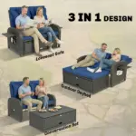 Patio Rattan Daybed, Wicker Outdoor Daybed with Storage Ottoman, Loveseat w/ Adjustable Backrest, Side Tables, Navy Blue - Image 4