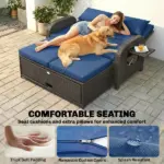 Patio Rattan Daybed, Wicker Outdoor Daybed with Storage Ottoman, Loveseat w/ Adjustable Backrest, Side Tables, Navy Blue - Image 6