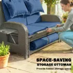Patio Rattan Daybed, Wicker Outdoor Daybed with Storage Ottoman, Loveseat w/ Adjustable Backrest, Side Tables, Navy Blue - Image 8