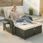 Patio Rattan Daybed, Wicker Outdoor Daybed with Storage Ottoman, Loveseat with Adjustable Backrest, Side Tables, Beige - Image 2