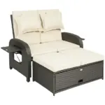 Patio Rattan Daybed, Wicker Outdoor Daybed with Storage Ottoman, Loveseat with Adjustable Backrest, Side Tables, Beige - Image 11