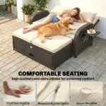 Patio Rattan Daybed, Wicker Outdoor Daybed with Storage Ottoman, Loveseat with Adjustable Backrest, Side Tables, Beige - Image 6