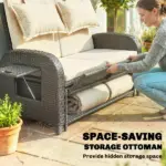 Patio Rattan Daybed, Wicker Outdoor Daybed with Storage Ottoman, Loveseat with Adjustable Backrest, Side Tables, Beige - Image 8