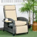 Patio Recliner Chair, Adjustable Backrest, Cushion, Side Tray, Comfortable Outdoor Seating, Khaki - Image 2
