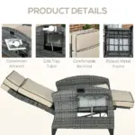 Patio Recliner Chair, Adjustable Backrest, Cushion, Side Tray, Comfortable Outdoor Seating, Khaki - Image 6