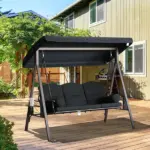 Outsunny Patio Swing 3-Person Steel Canopy Bench with Side Trays Padded Comfort in Black - Image 2
