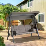 Patio Swing Bench 3-Person Steel Canopy Cushioned with Side Trays Comfortable Brown - Image 2