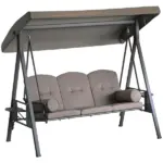 Patio Swing Bench 3-Person Steel Canopy Cushioned with Side Trays Comfortable Brown