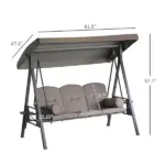 Patio Swing Bench 3-Person Steel Canopy Cushioned with Side Trays Comfortable Brown - Image 3