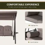 Patio Swing Bench 3-Person Steel Canopy Cushioned with Side Trays Comfortable Brown - Image 6