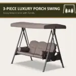 Patio Swing Bench 3-Person Steel Canopy Cushioned with Side Trays Comfortable Brown - Image 7