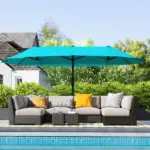 Outsunny Patio Umbrella, 15 ft Steel Rectangular Outdoor Double Sided Market Umbrella with Base, Sun Protection and Easy Crank, Blue - Image 2