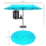 Outsunny Patio Umbrella, 15 ft Steel Rectangular Outdoor Double Sided Market Umbrella with Base, Sun Protection and Easy Crank, Blue - Image 3