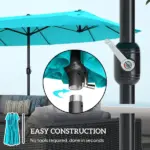 Outsunny Patio Umbrella, 15 ft Steel Rectangular Outdoor Double Sided Market Umbrella with Base, Sun Protection and Easy Crank, Blue - Image 6