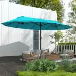 Outsunny Patio Umbrella, 15 ft Steel Rectangular Outdoor Double Sided Market Umbrella with Base, Sun Protection and Easy Crank, Blue - Image 8