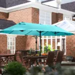 Outsunny Patio Umbrella, 15 ft Steel Rectangular Outdoor Double Sided Market Umbrella with Base, Sun Protection and Easy Crank, Blue - Image 10