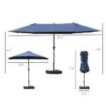 Outsunny Patio Umbrella 15' Steel Rectangular Outdoor Double Sided Market with base, UV Sun Protection and Easy Crank for Deck Pool Patio, Dark Blue - Image 3