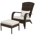 Outsunny Patio Wicker Adirondack Chair with Ottoman, Cream White Cushions, High-Back and Large Seat, Outdoor Fire Pit Chair, Deck, Garden, Backyard
