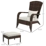 Outsunny Patio Wicker Adirondack Chair with Ottoman, Cream White Cushions, High-Back and Large Seat, Outdoor Fire Pit Chair, Deck, Garden, Backyard - Image 3
