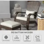 Outsunny Patio Wicker Adirondack Chair with Ottoman, Cream White Cushions, High-Back and Large Seat, Outdoor Fire Pit Chair, Deck, Garden, Backyard - Image 4