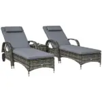 Patio Wicker Chaise Lounge Chair Set of 2 with Table, Adjustable Backrest, Wheels, Cushion and Headrest, Gray - Image 11