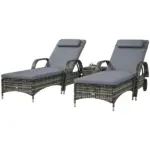 Patio Wicker Chaise Lounge Chair Set of 2 with Table, Adjustable Backrest, Wheels, Cushion and Headrest, Gray