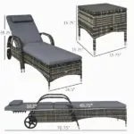 Patio Wicker Chaise Lounge Chair Set of 2 with Table, Adjustable Backrest, Wheels, Cushion and Headrest, Gray - Image 3