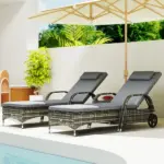 Patio Wicker Chaise Lounge Chair Set of 2 with Table, Adjustable Backrest, Wheels, Cushion and Headrest, Gray - Image 8