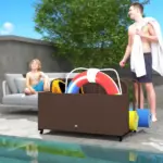 PE Rattan Pool Float Storage Organizer with Wheels, Brown - Image 2