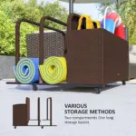PE Rattan Pool Float Storage Organizer with Wheels, Brown - Image 5