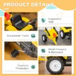Aosom Pedal Go Kart for Kids, Ride-On Tractor with Back Trailer, Shovel and Rake, Fun Yellow, for 3+ Years - Image 4