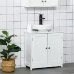 Kleankin Pedestal Sink Cabinet White Bathroom Vanity Storage with U-Shape Cut-Out Adjustable Shelf - Image 2