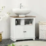 Kleankin Pedestal Vanity Cabinet White 2-Door Bathroom Sink Cabinet with Shelves - Image 2