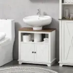 Kleankin Pedestal Vanity Cabinet White 2-Door Bathroom Sink Cabinet with Shelves - Image 11