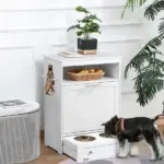 PawHut Pet Feeder Station with Storage, Dog Food Storage Container with 2 Raised Dog Bowls, White - Image 2
