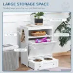 PawHut Pet Feeder Station with Storage, Dog Food Storage Container with 2 Raised Dog Bowls, White - Image 5