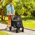 PawHut Pet Stroller Dog Cat Carriage One Click Fold with Universal Front Wheels Shock Absorber Brakes Storage Bags Mesh Window - Image 2