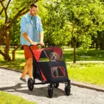 Pet Stroller Dog Cat Carriage One Click Fold with Universal Front Wheels Shock Absorber Brakes Storage Bags Mesh Window - Image 2