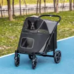 PawHut Pet Stroller Dog Cat Carriage One Click Fold with Universal Front Wheels Shock Absorber Brakes Storage Bags Mesh Window - Image 10