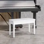 Piano Bench with Storage Wooden Duet Seat White Faux Leather Cushion Button Tufted - Image 2
