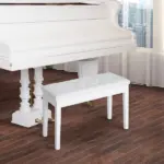 Piano Bench with Storage Wooden Duet Seat White Faux Leather Cushion Button Tufted - Image 4