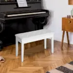 Piano Bench with Storage Wooden Duet Seat White Faux Leather Cushion Button Tufted - Image 10