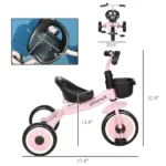 Qaba Pink Kids Tricycle for Toddlers Age 2-5 with Adjustable Seat Basket Bell Handlebar Grips Toddler Bike - Image 3