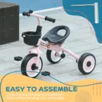Qaba Pink Kids Tricycle for Toddlers Age 2-5 with Adjustable Seat Basket Bell Handlebar Grips Toddler Bike - Image 7