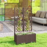 Outsunny Planter Box with Trellis, Self Watering Raised Garden Bed with Lockable Wheels and Drainage Holes, Brown - Image 2