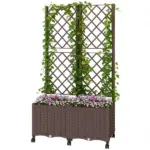Outsunny Planter Box with Trellis, Self Watering Raised Garden Bed with Lockable Wheels and Drainage Holes, Brown