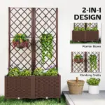 Outsunny Planter Box with Trellis, Self Watering Raised Garden Bed with Lockable Wheels and Drainage Holes, Brown - Image 4