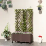 Outsunny Planter Box with Trellis, Self Watering Raised Garden Bed with Lockable Wheels and Drainage Holes, Brown - Image 10
